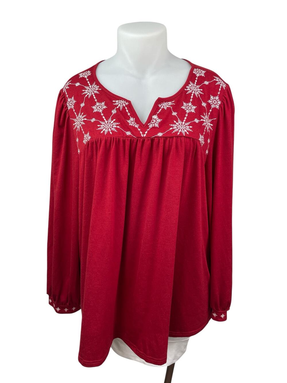Bloomchic Women's Red Embroidered Snowflake Long Sleeve Shirt Blouse Top 22/24